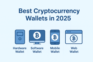 Best Cryptocurrency Wallets in 2025 – comparison of Hardware, Software, Mobile, and Web wallets with Bitcoin logo, clean blue illustration