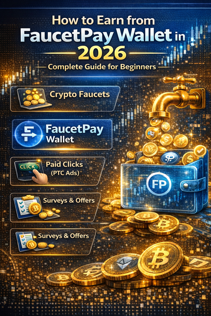 How to earn crypto with FaucetPay Wallet in 2026, showing faucets, paid clicks, surveys, and referral income methods.