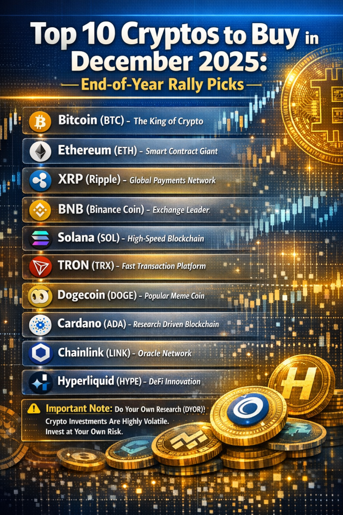 Top 10 Cryptos to Buy in December 2025: Bitcoin, Ethereum, XRP, BNB, Solana, TRON, Dogecoin, Cardano, Chainlink, Hyperliquid – end-of-year rally picks with golden Bitcoin coin and candlestick chart background