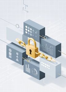 Blockchain explained simply: connected digital blocks secured by a golden padlock representing decentralized and immutable technology – beginner-friendly illustration