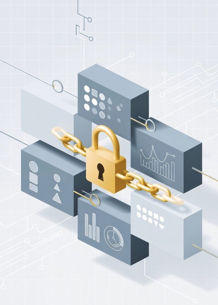 Blockchain explained simply: connected digital blocks secured by a golden padlock representing decentralized and immutable technology – beginner-friendly illustration
