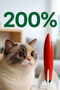 Cute cat looking at red rocket with massive "200%" text – Popcat (POPCAT) meme coin pumps over 200% in 24 hours, December 2025